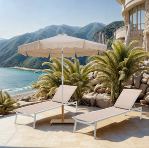 Meridian Furniture Amalfi Outdoor Patio Umbrella Set with Teak Base Aluminum Pole Uv Resistant Canopy 55018Beige-AT