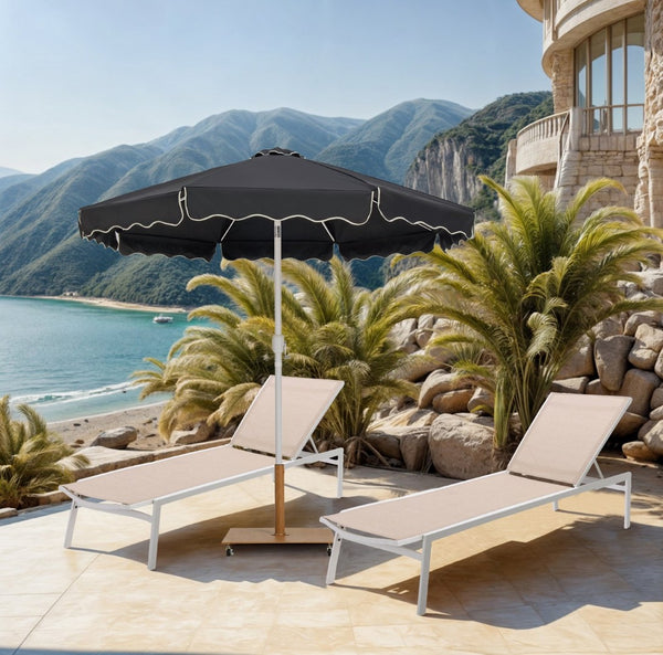 Meridian Furniture Amalfi Outdoor Patio Umbrella with Wheeled Teak Base and Water Resistant Polyester 55018Black-AT