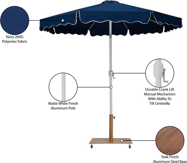 Meridian Furniture Amalfi Resort Style Navy Polyester Patio Umbrella with Teak Wheeled Base 55018Navy-AT