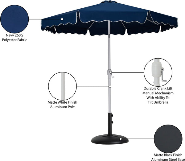 Meridian Furniture Amalfi Outdoor Patio Umbrella with Base Navy Polyester Canopy Coastal Resort Style 55018Navy-BB