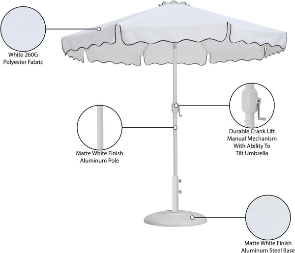 Meridian Furniture Amalfi Resort Style Outdoor Umbrella with Base White Polyester Uv Resistant Canopy 55018White-BW