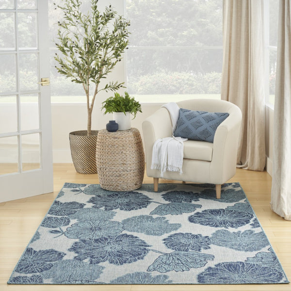 HomeRoots 6' Navy Blue & Ivory Floral Area Rug - All-Weather, Low-Maintenance Indoor & Outdoor Decor Accent 550197