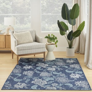 HomeRoots 6' Navy Blue and Ivory Floral Area Rug - Indoor/Outdoor, Durable, Low-Maintenance, Elegant Design 550198