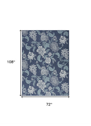 HomeRoots 6' Navy Blue and Ivory Floral Area Rug - Indoor/Outdoor, Durable, Low-Maintenance, Elegant Design 550198