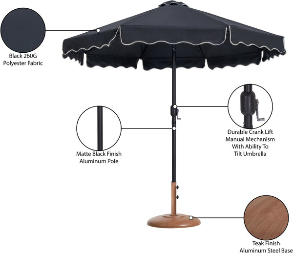 Meridian Furniture Amalfi Outdoor Patio Umbrella with Teak Base Water Resistant Aluminum Pole Set 55019Black-BT