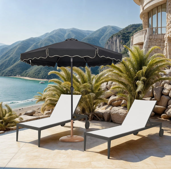 Meridian Furniture Amalfi Outdoor Patio Umbrella with Teak Base Water Resistant Aluminum Pole Set 55019Black-BT