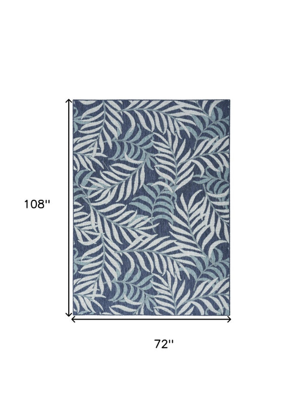 HomeRoots 6' X 9' Navy Blue And Ivory Palm Leaf Rug - Versatile Indoor/Outdoor Design, Easy Clean, Tropical Style 550200