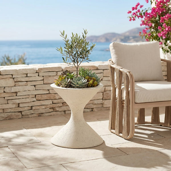 Meridian Furniture Vessa Hourglass Concrete Planter Sculptural Art Deco Design for Indoor Outdoor Garden Accent Cream 18 inches 55020Cream-P18