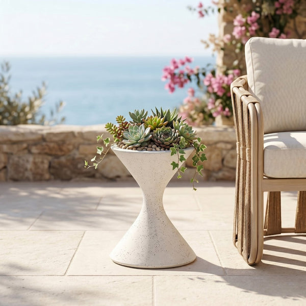 Meridian Furniture Vessa Hourglass Concrete Planter Sculptural Art Deco Design for Indoor Outdoor Garden Accent Cream 24 inches 55020Cream-P24
