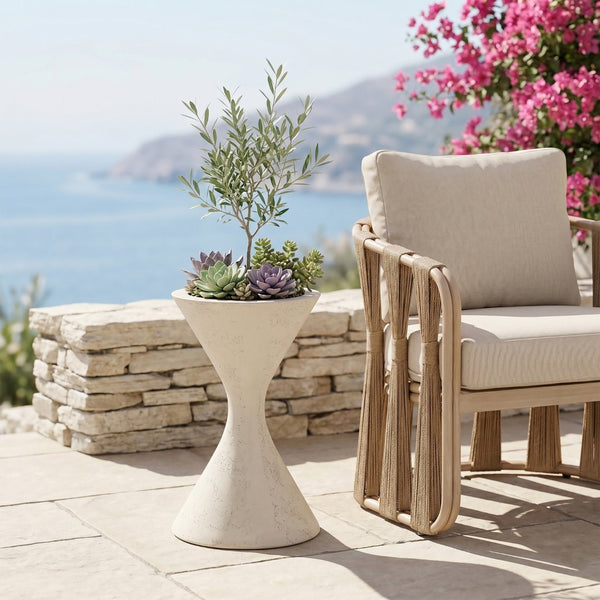 Meridian Furniture Vessa Hourglass Concrete Planter Sculptural Art Deco Design for Indoor Outdoor Garden Accent Cream 32 inches 55020Cream-P32