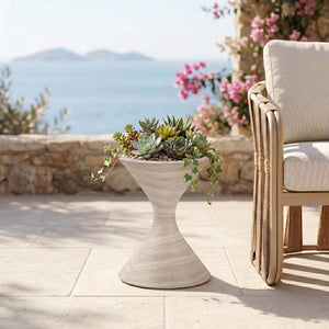 Meridian Furniture Vessa Hourglass Concrete Planter Sculptural Art Deco Design for Indoor Outdoor Garden Accent Travertine 24 inches 55020Travertine-P24