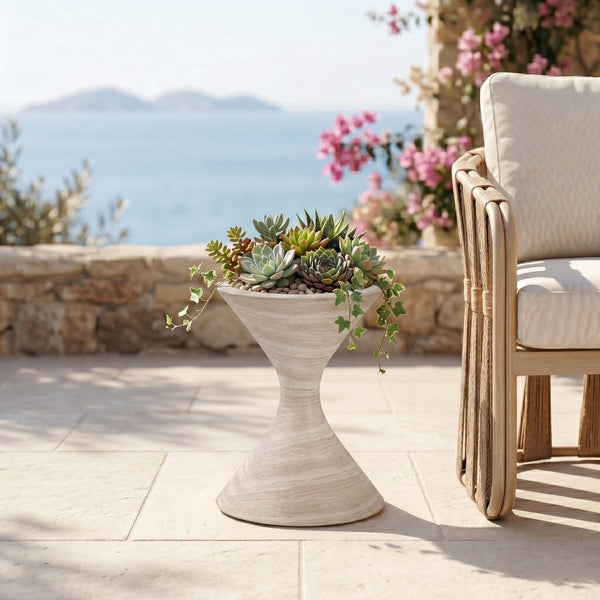 Meridian Furniture Vessa Hourglass Concrete Planter Sculptural Art Deco Design for Indoor Outdoor Garden Accent Travertine 24 inches 55020Travertine-P24