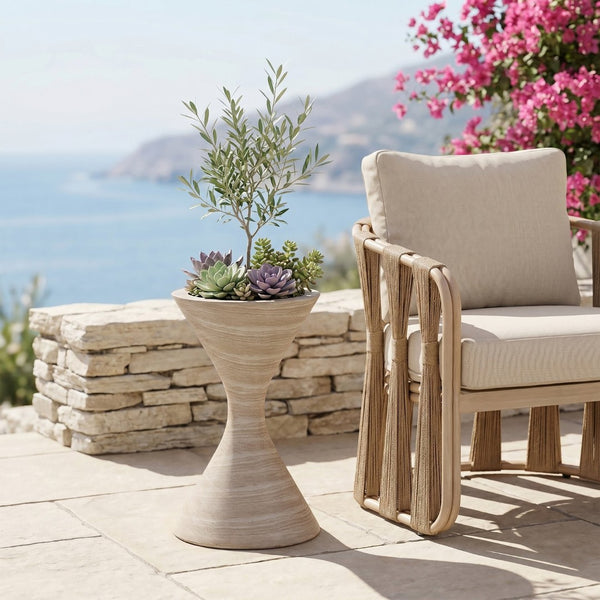 Meridian Furniture Vessa Hourglass Concrete Planter Sculptural Art Deco Design for Indoor Outdoor Garden Accent Travertine 32 inches 55020Travertine-P32