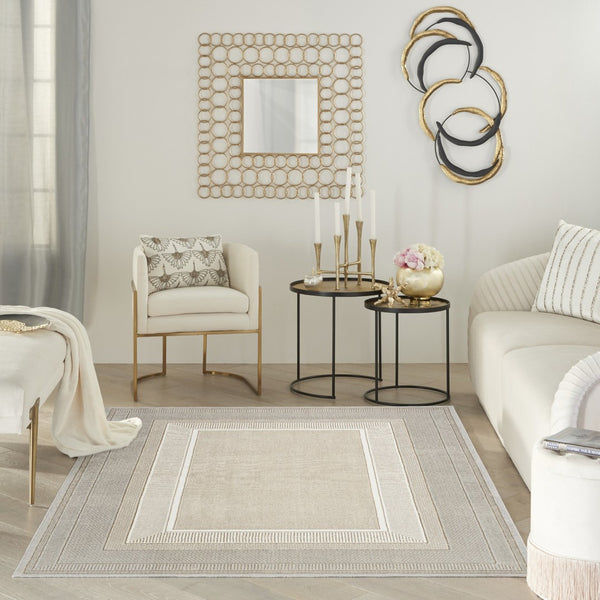 HomeRoots 5' X 7' Beige and Ivory Geometric Area Rug - Non-Skid, Stain-Resistant, Easy-Care for Modern Homes 550211