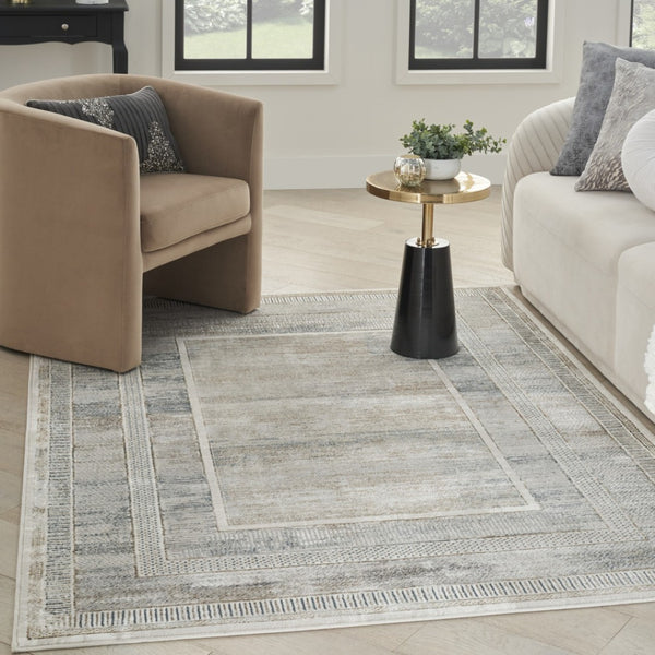 HomeRoots 5' Geometric Ivory Blue Gray Area Rug - Stylish, Non-Skid, Stain-Resistant Perfect for High-Traffic Areas 5' X 7' 550212