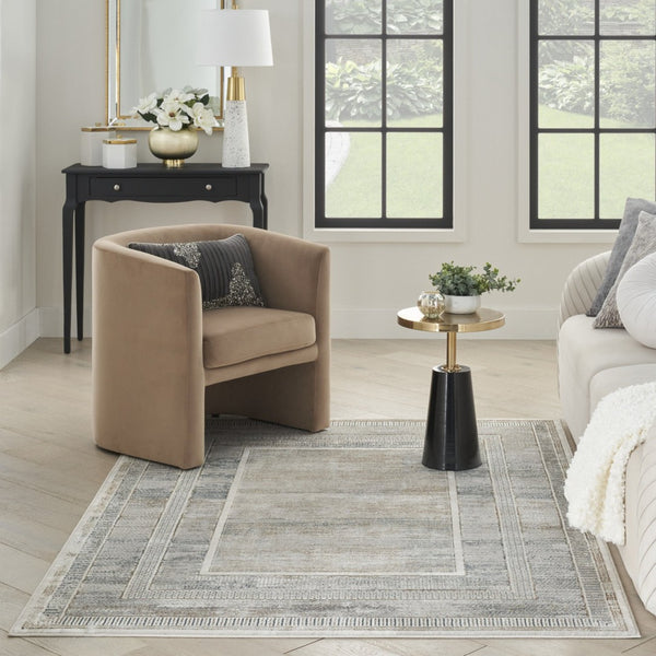 HomeRoots 5' Geometric Ivory Blue Gray Area Rug - Stylish, Non-Skid, Stain-Resistant Perfect for High-Traffic Areas 5' X 7' 550212