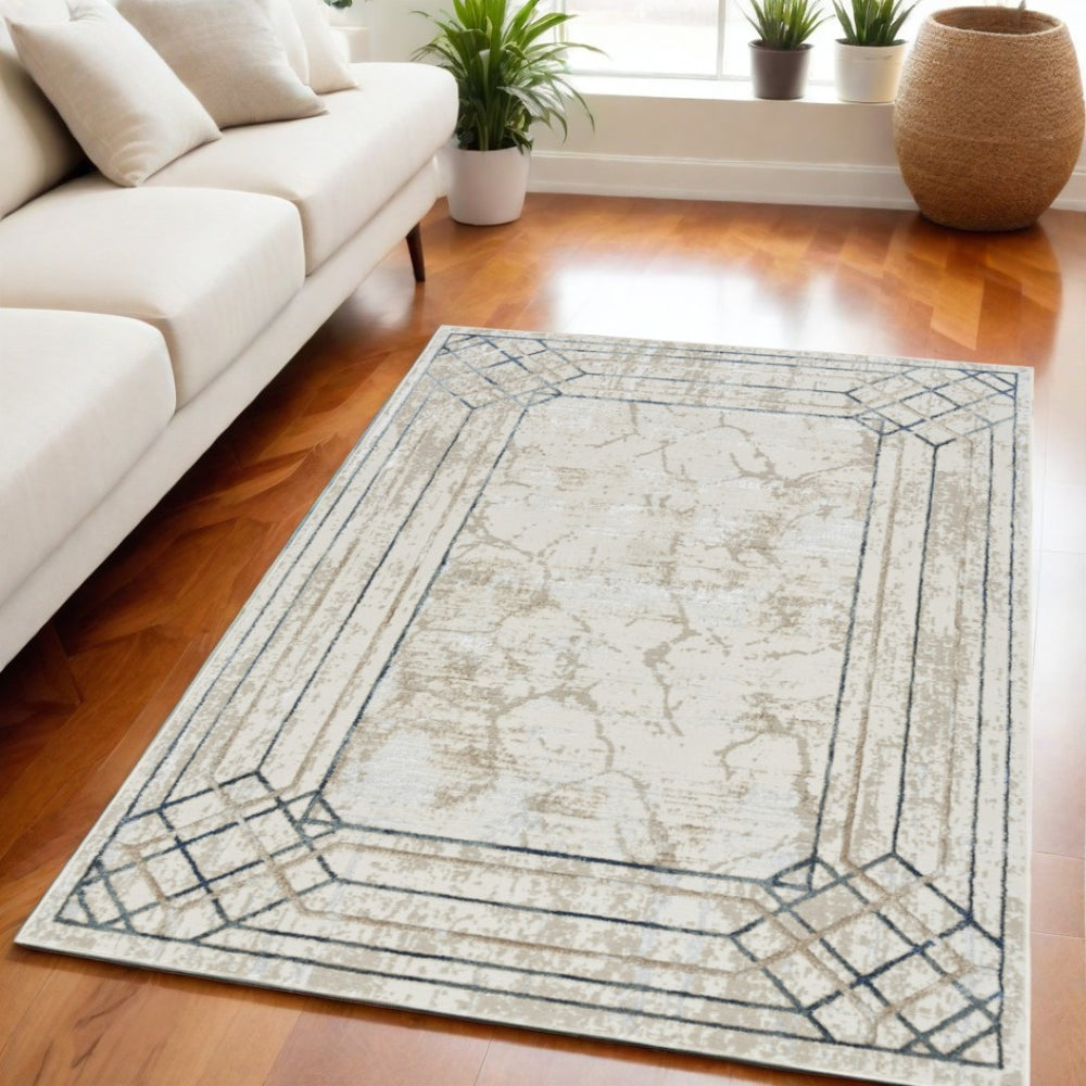 HomeRoots 5' Modern Ivory Blue Gray Geometric Non-Skid Area Rug - Stain-Resistant, Durable for Everyday Living 5' X 7' 550214