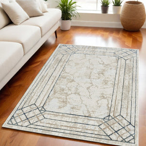 HomeRoots 5' Modern Ivory Blue Gray Geometric Non-Skid Area Rug - Stain-Resistant, Durable for Everyday Living 5' X 7' 550214