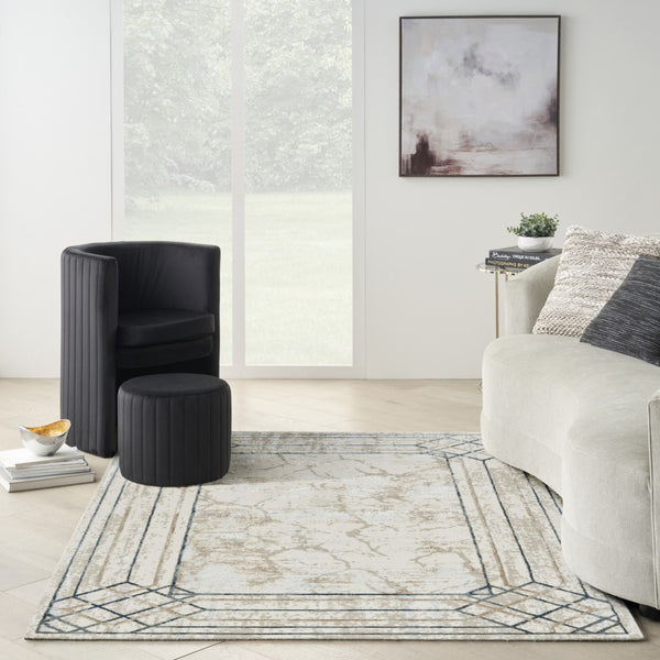 HomeRoots 5' Modern Ivory Blue Gray Geometric Non-Skid Area Rug - Stain-Resistant, Durable for Everyday Living 5' X 7' 550214