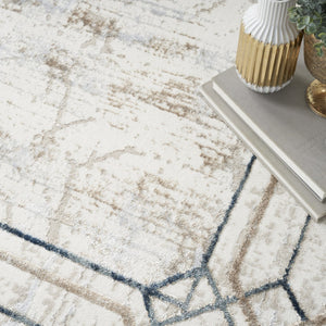 HomeRoots 5' Modern Ivory Blue Gray Geometric Non-Skid Area Rug - Stain-Resistant, Durable for Everyday Living 5' X 7' 550214