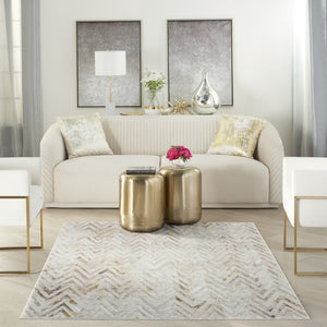 HomeRoots 5' Distressed Chevron Area Rug in Beige, Blue, and Ivory - Soft, Durable, Non-Skid Design for Modern Homes 5' X 7' 550215