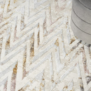 HomeRoots 5' Distressed Chevron Area Rug in Beige, Blue, and Ivory - Soft, Durable, Non-Skid Design for Modern Homes 5' X 7' 550215
