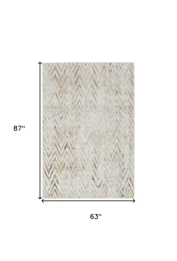 Homeroots 5' X 7' Beige Blue And Ivory Chevron Distressed Non Skid Area Rug  Polyester 550215