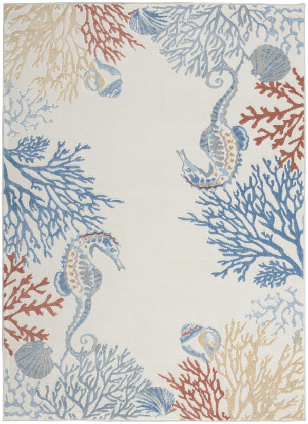 HomeRoots 5x7 Coastal Seashell Coral Area Rug Ivory Polypropylene Power Loomed Beach Accent 550217