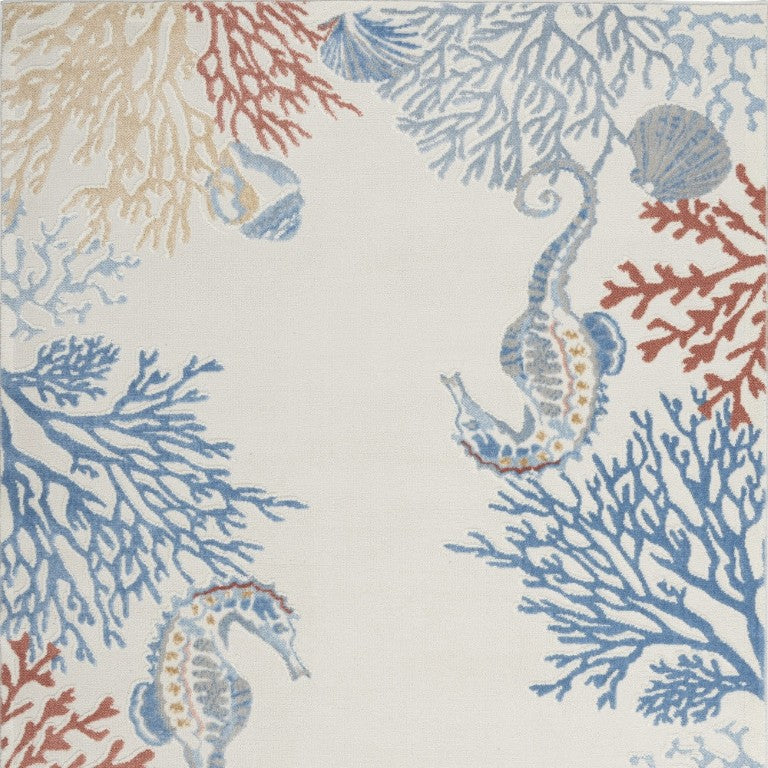 HomeRoots 5x7 Coastal Seashell Coral Area Rug Ivory Polypropylene Power Loomed Beach Accent 550217