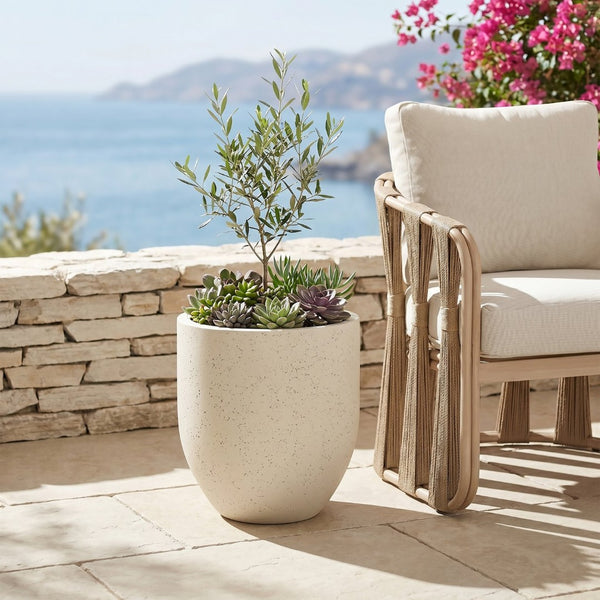 Meridian Furniture Florique Art Deco Concrete Indoor Outdoor Planter with Textured Stone Finish Sculptural Design Cream 15.75" W x 15.75" D x 18" H 55021Cream-P18