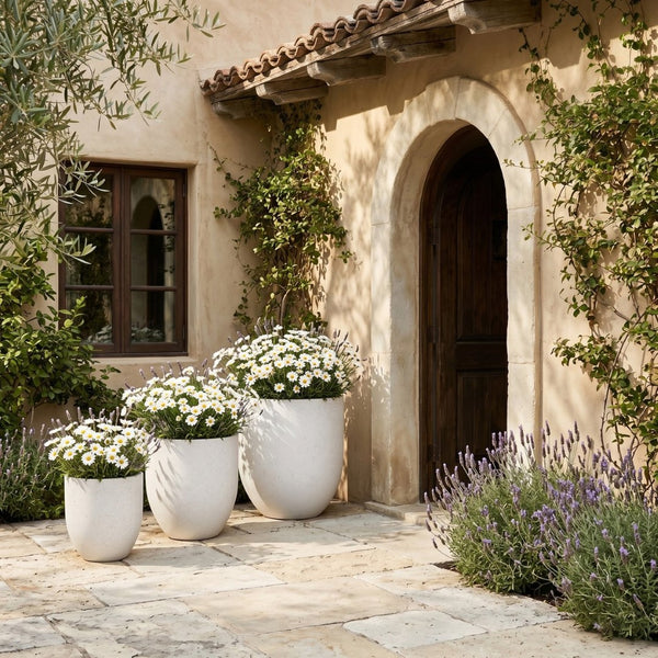 Meridian Furniture Florique Art Deco Concrete Indoor Outdoor Planter with Textured Stone Finish Sculptural Design Cream 20.5" W x 20.5" D x 24" H 55021Cream-P24