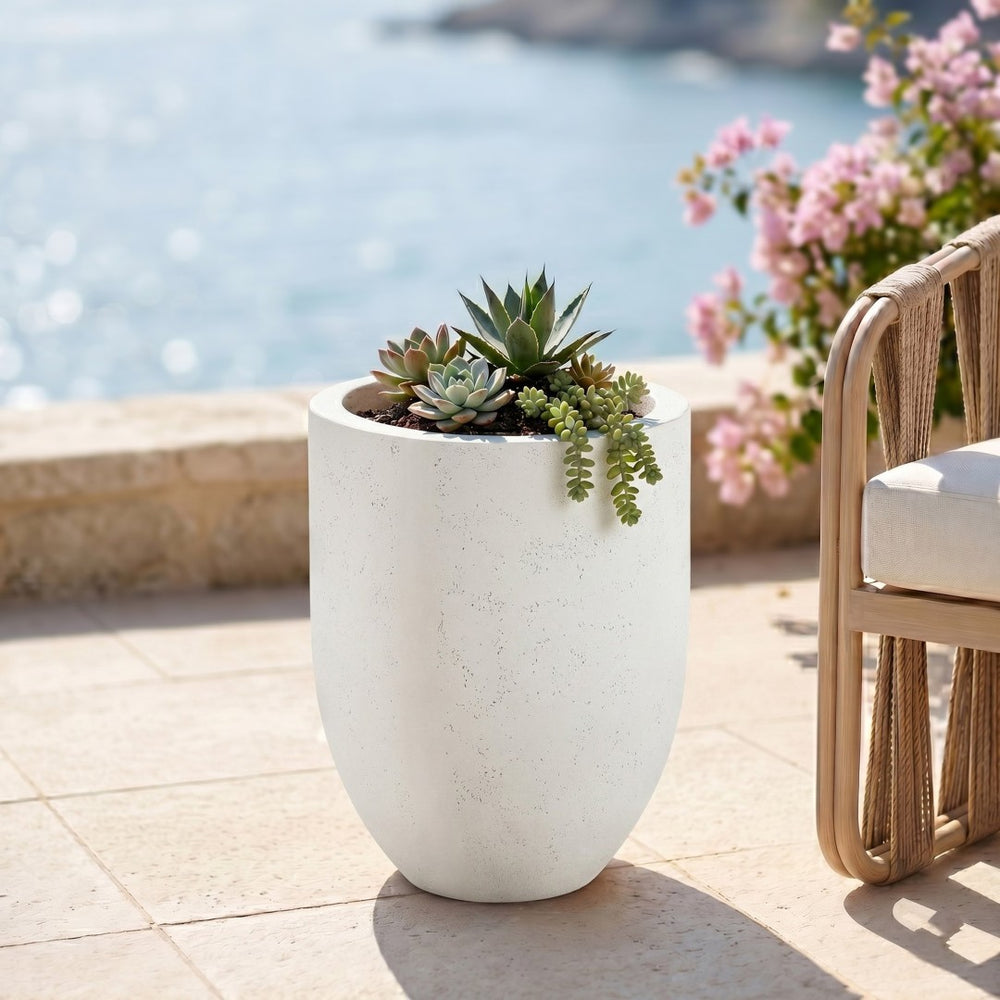 Meridian Furniture Florique Art Deco Concrete Indoor Outdoor Planter with Textured Stone Finish Sculptural Design Cream 26.75" W x 26.75" D x 32" H 55021Cream-P32