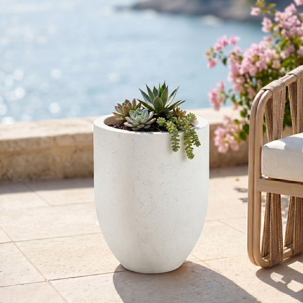 Meridian Furniture Florique Art Deco Concrete Indoor Outdoor Planter with Textured Stone Finish Sculptural Design Cream 26.75" W x 26.75" D x 32" H 55021Cream-P32