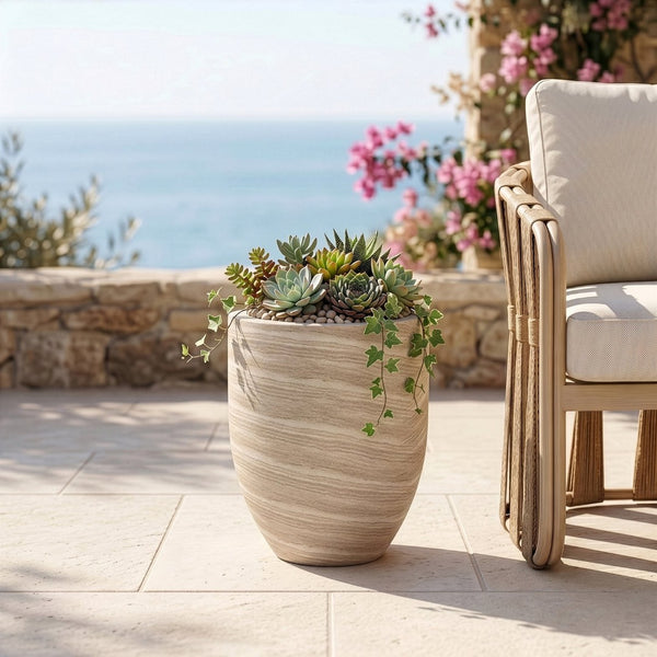 Meridian Furniture Florique Art Deco Concrete Indoor Outdoor Planter with Textured Stone Finish Sculptural Design Travertine 20.5" W x 20.5" D x 24" H 55021Travertine-P24