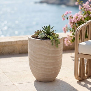 Meridian Furniture Florique Art Deco Concrete Indoor Outdoor Planter with Textured Stone Finish Sculptural Design Travertine 26.75" W x 26.75" D x 32" H 55021Travertine-P32