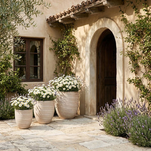 Meridian Furniture Florique Art Deco Concrete Indoor Outdoor Planter with Textured Stone Finish Sculptural Design Travertine 26.75" W x 26.75" D x 32" H 55021Travertine-P32