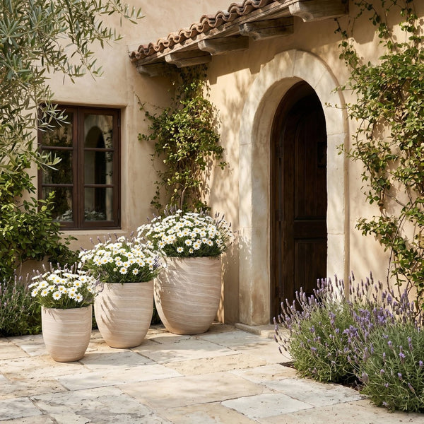 Meridian Furniture Florique Art Deco Concrete Indoor Outdoor Planter with Textured Stone Finish Sculptural Design Travertine 26.75" W x 26.75" D x 32" H 55021Travertine-P32