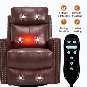 English Elm Wine Red Genuine Leather Swivel Rocker Recliner with Massage Heat for Living Room W1803P323712