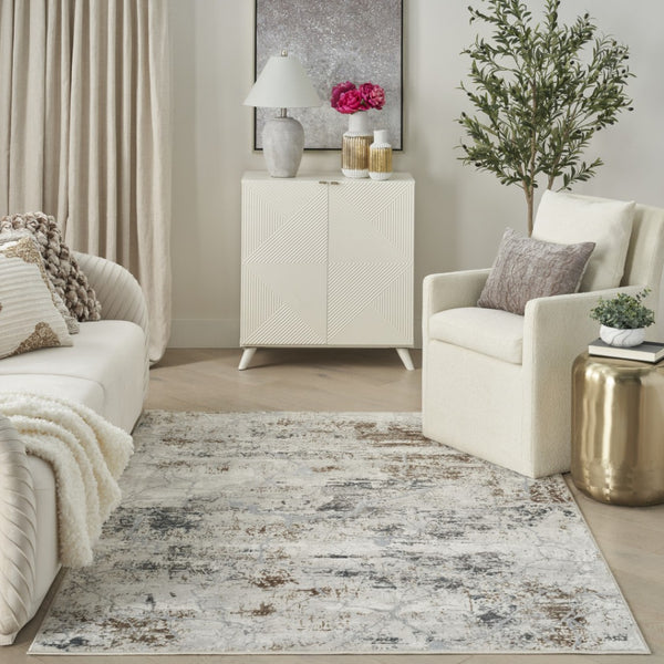 HomeRoots 5' Abstract Area Rug in Ivory, Gray, and Brown - Non-Skid, Durable, Modern Design for Every Room 5' X 7' 550227