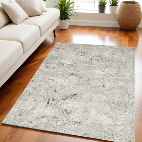 HomeRoots 5' Ivory Gray and Brown Abstract Area Rug – Soft, Non-Skid, Stain-Resistant Design for Modern Spaces 5' X 7' 550228