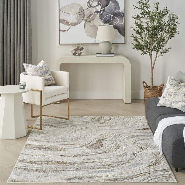 HomeRoots 5' Abstract Gold Gray and Ivory Non-Skid Area Rug - Stylish, Stain-Resistant, Durable Home Decor Piece 5' X 7' 550230