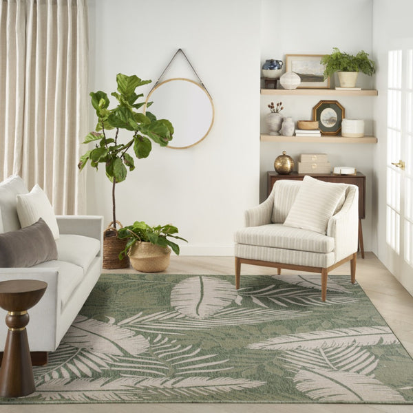 HomeRoots 8' X 10' Coastal Ivory and Green Palm Leaf Area Rug - Durable Indoor/Outdoor Mat for Any Space 550237
