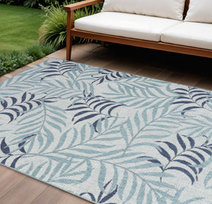 HomeRoots 8' Tropical Palm Leaf Area Rug in Ivory and Sky Blue – Durable Indoor/Outdoor Flatwoven Design! 550238