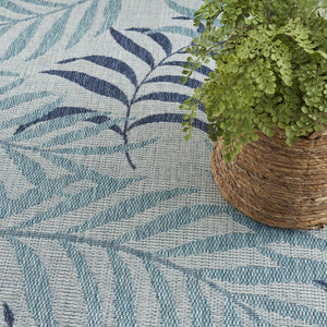 HomeRoots 8' Tropical Palm Leaf Area Rug in Ivory and Sky Blue – Durable Indoor/Outdoor Flatwoven Design! 550238
