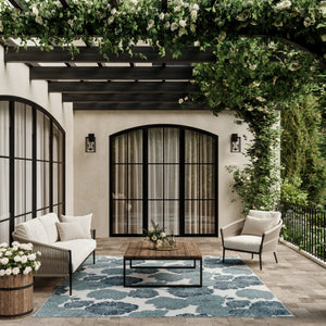 HomeRoots 8' X 10' Elegant Floral Navy Blue Sky Blue Ivory Area Rug - Durable Indoor/Outdoor Charm & Style 550239