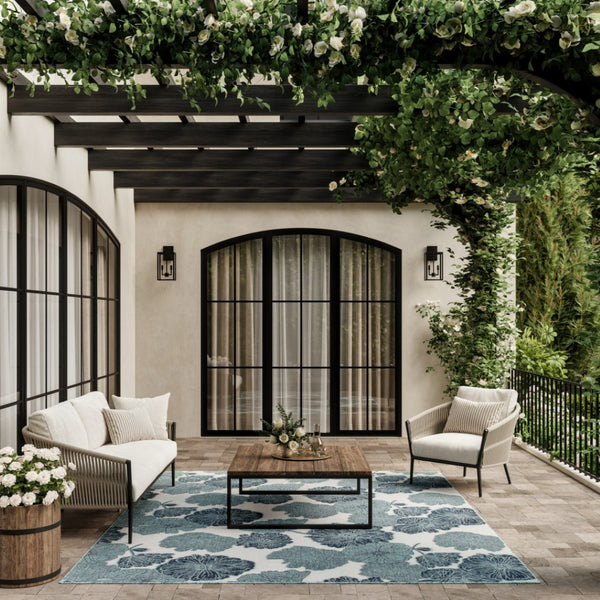 HomeRoots 8' X 10' Elegant Floral Navy Blue Sky Blue Ivory Area Rug - Durable Indoor/Outdoor Charm & Style 550239