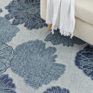 HomeRoots 8' X 10' Elegant Floral Navy Blue Sky Blue Ivory Area Rug - Durable Indoor/Outdoor Charm & Style 550239
