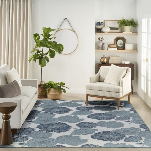 HomeRoots 8' X 10' Elegant Floral Navy Blue Sky Blue Ivory Area Rug - Durable Indoor/Outdoor Charm & Style 550239