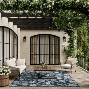 HomeRoots 8' Indoor Outdoor Navy Blue Floral Area Rug - Durable, Easy-Clean, Vibrant Design for Any Space 550240