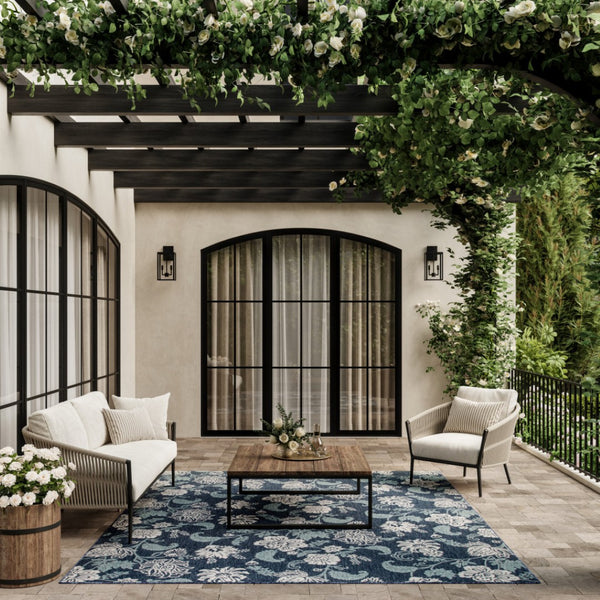 HomeRoots 8' Indoor Outdoor Navy Blue Floral Area Rug - Durable, Easy-Clean, Vibrant Design for Any Space 550240